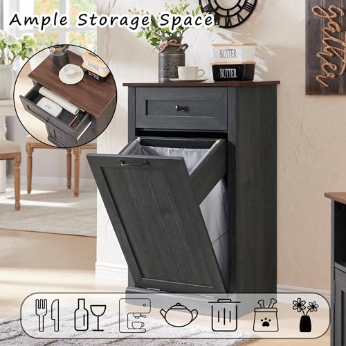 Tilt Out Trash Cabinet with Barn Door, 10 Gallon Garbage Bin and Storage Basket, Dark Grey N60405