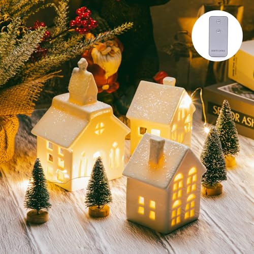 7PCS Christmas Village Sets - 3 LED Lighted Ceramic Houses with Remote & 4 Trees D535