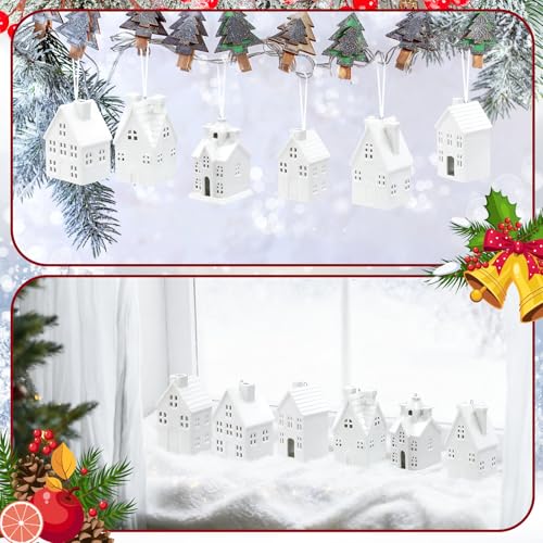 Set of 6 White Ceramic Christmas Village Houses Tabletop Decorations U141