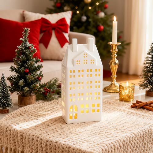 Light Up Christmas Village Set, White Ceramic House with Lights, Tabletop Decor N910947