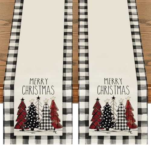 Buffalo Plaid Christmas Trees Table Runner, Winter Holiday Kitchen Dining Decor, 13 x 108 Inch D48516
