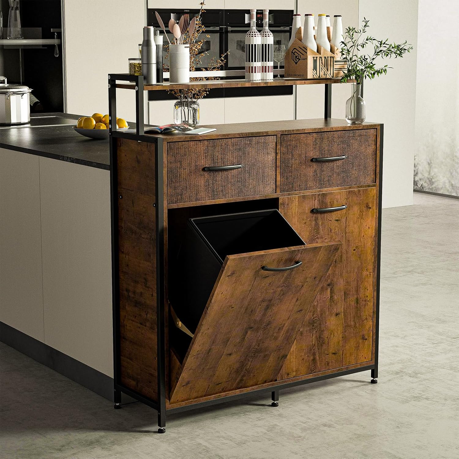 Tilt Out Trash Cabinet with 2 Drawers and Shelf, 10 Gallon P533