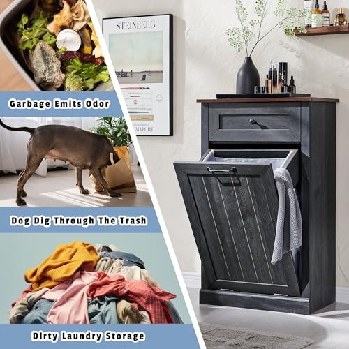 Tilt Out Trash Cabinet with Barn Door, 10 Gallon Garbage Bin and Storage Basket, Dark Grey N60405