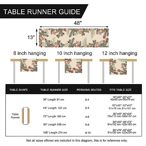 Winter Pine Cone Needle Branch Berry Table Runner, Watercolor Botanical Tabletop Scarf, Christmas Farmhouse Holiday Dining Decoration O823579