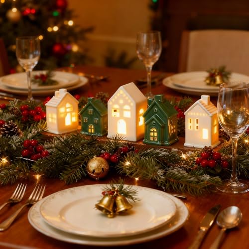 Ceramic Christmas Village Houses LED Lighted Set for Tabletop Mantel Decor K3883