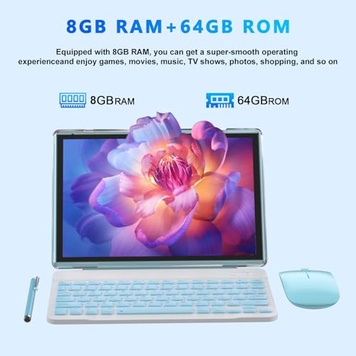 Tablet 10 Inch with Keyboard, Mouse, Case, Stylus, 8GB RAM 64GB ROM N8168