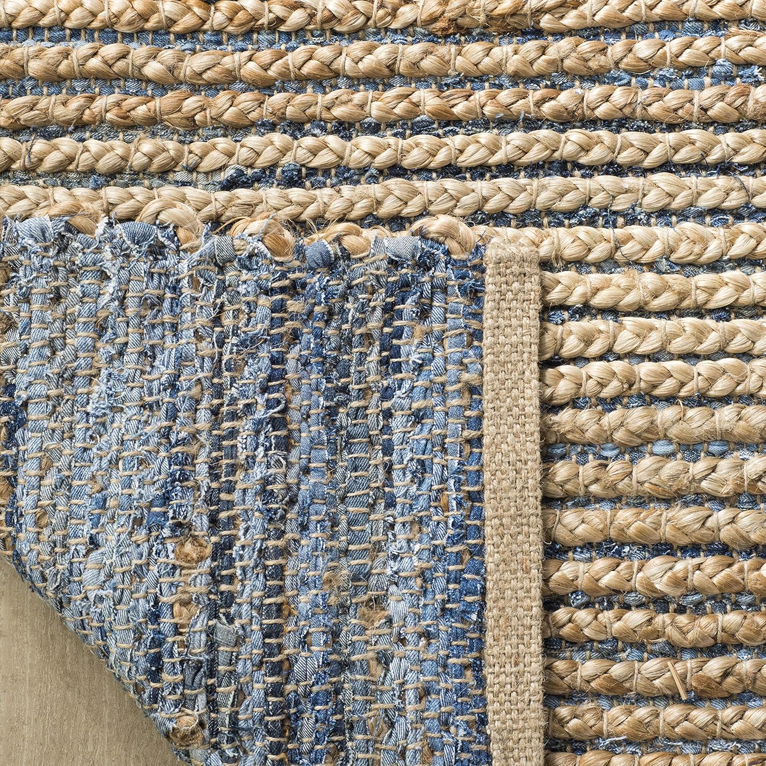 Handmade Braided Stripe Jute Accent Rug - 3' x 5', Natural & Blue Y5134