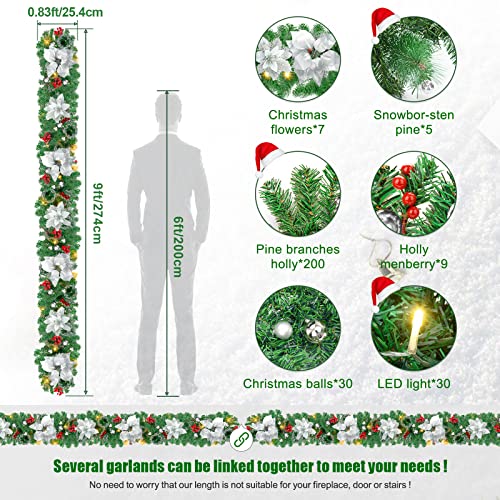 Pre-lit Christmas Garland with LED Lights, Red Flowers and Berries Y488109