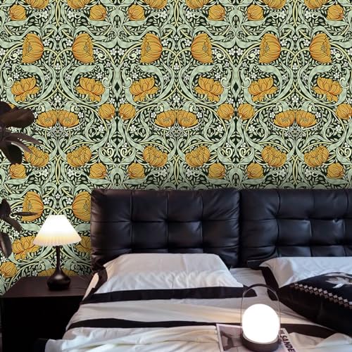 Peel and Stick Wallpaper, Vintage Floral Green Wall Mural, Removable Pre-Pasted D310