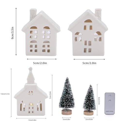 7 Pcs Christmas Miniature Porcelain Village Sets Tabletop Figurine LED House Decorations E5252