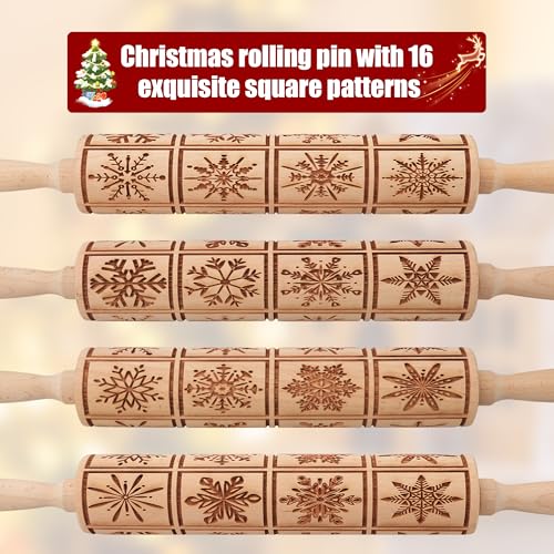 17" Wooden Rolling Pin for Baking with Christmas Embossed Designs, 3mm Deep Cookie Molds, Includes Cleaning Brush L8431