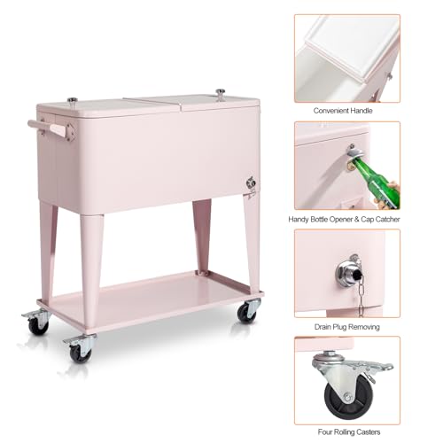 80 Quart Rolling Ice Chest on Wheels, Portable Drink Cooler Cart with Shelf G157