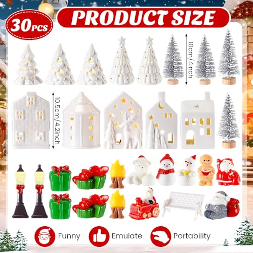 White Christmas Village Set with 30 Mini Figurines and LED Lighted Houses Q119
