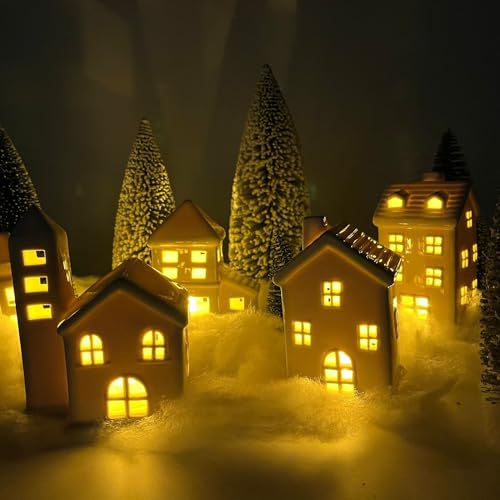 Ceramic Christmas Village Houses with Trees and Fake Snow Z73549