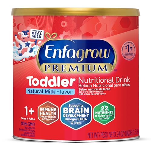 Enfagrow PREMIUM Toddler Nutritional Drink, Made with Real Milk, Brain-Building Omega-3 DHA, Nutrients and Prebiotics for Growth & Immune Support, Non-GMO, Toddler Milk Powder, 24 Oz Can