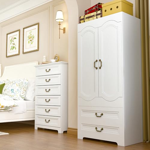 2 Door Wardrobe with 2 Drawer, White Vintage Armoire with Clothing Rod, 67" Tall Wooden Closet Cabinet for Bedroom C405