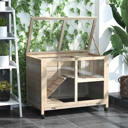 Wooden Rabbit Hutch with Tray, Wheels, Ramp and Openable Roof T9678