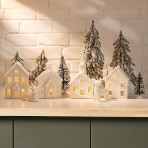 Christmas Village Set with 4 Lighted Ceramic Houses, 2 Trees, 2 Deer & Santa Y953107