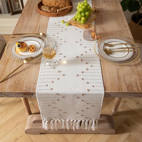 Christmas Table Runner 13 x 90 Inch Cotton Woven with Tassels Red and Beige B398787