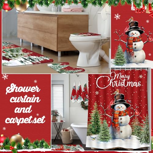 7 Pcs Christmas Shower Curtain Set with U Shape Rugs, Toilet Cover and 3 Towels W9950