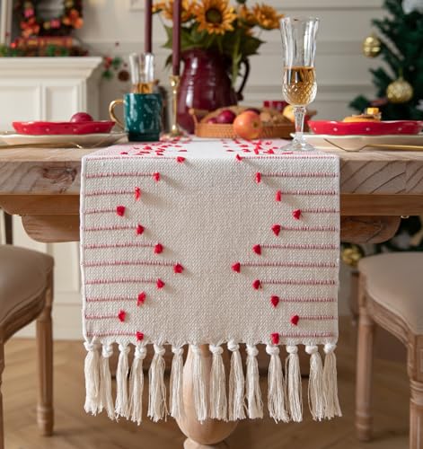 Christmas Table Runner 13 x 90 Inch Cotton Woven with Tassels Red and Beige B398787