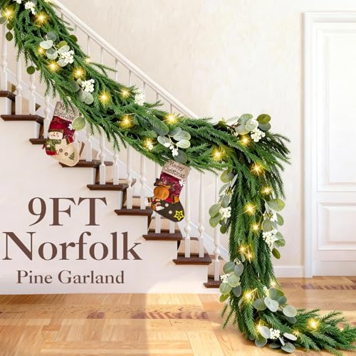 Christmas garland with lights, 9ft pre-lit for stairs and mantle I297