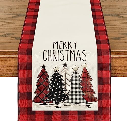 Buffalo Plaid Christmas Trees Table Runner, Winter Holiday Kitchen Dining Decor, 13 x 108 Inch D48516