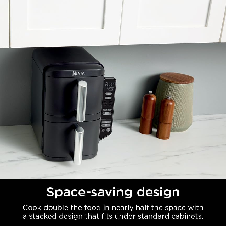 Air Fryer, 8 QT DoubleStack 2-Basket, Space Saving Design, 6-in-1, Roast & Bake, Dishwasher Safe Parts, Black N43591