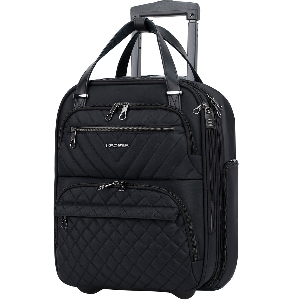 KROSER Carry On Underseat Multi-functional, 16-inch Lightweight Overnight Suitcase for Men Women, Black