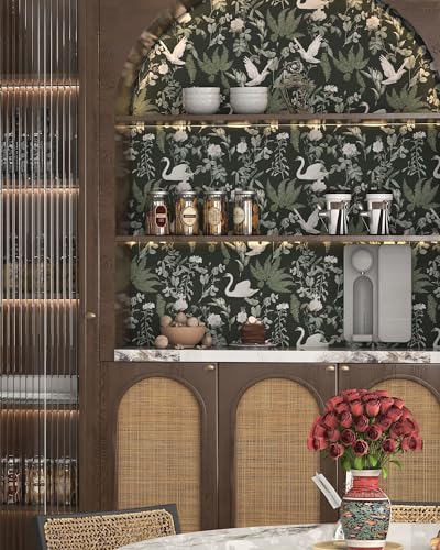 Peel and Stick Wallpaper Dark Green Floral Vintage Bird Self Adhesive Removable O713