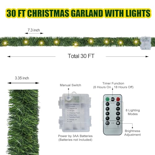 30ft Battery Operated Pre-Lit Christmas Garland with Timer for Indoor Outdoor Decor G3316