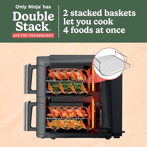 Air Fryer, 8 QT DoubleStack 2-Basket, Space Saving Design, 6-in-1, Roast & Bake, Dishwasher Safe Parts, Black N43591