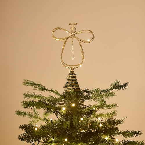 Lighted Christmas Tree Topper Angel with Timer, 10 Inch Pre-Lit Gold Metal V305