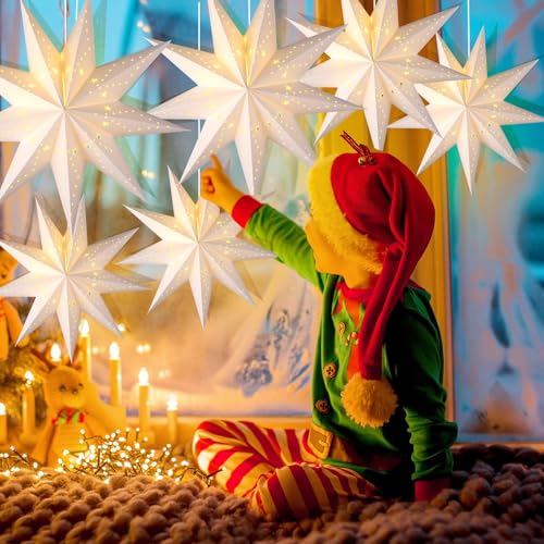 12 Set Christmas 3D Paper Star Lanterns with String for Party Decor J24892
