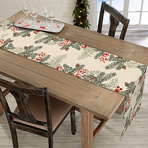 Winter Pine Cone Needle Branch Berry Table Runner, Watercolor Botanical Tabletop Scarf, Christmas Farmhouse Holiday Dining Decoration O823579