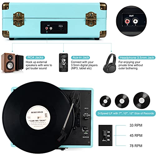 Bluetooth Portable Suitcase Vinyl Player with Built-in Speakers, 3-Speed Turntable R2173
