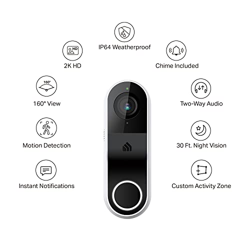 Smart Video Doorbell Camera Hardwired with Chime, 2K Resolution, Night Vision, 2-Way Audio D43761