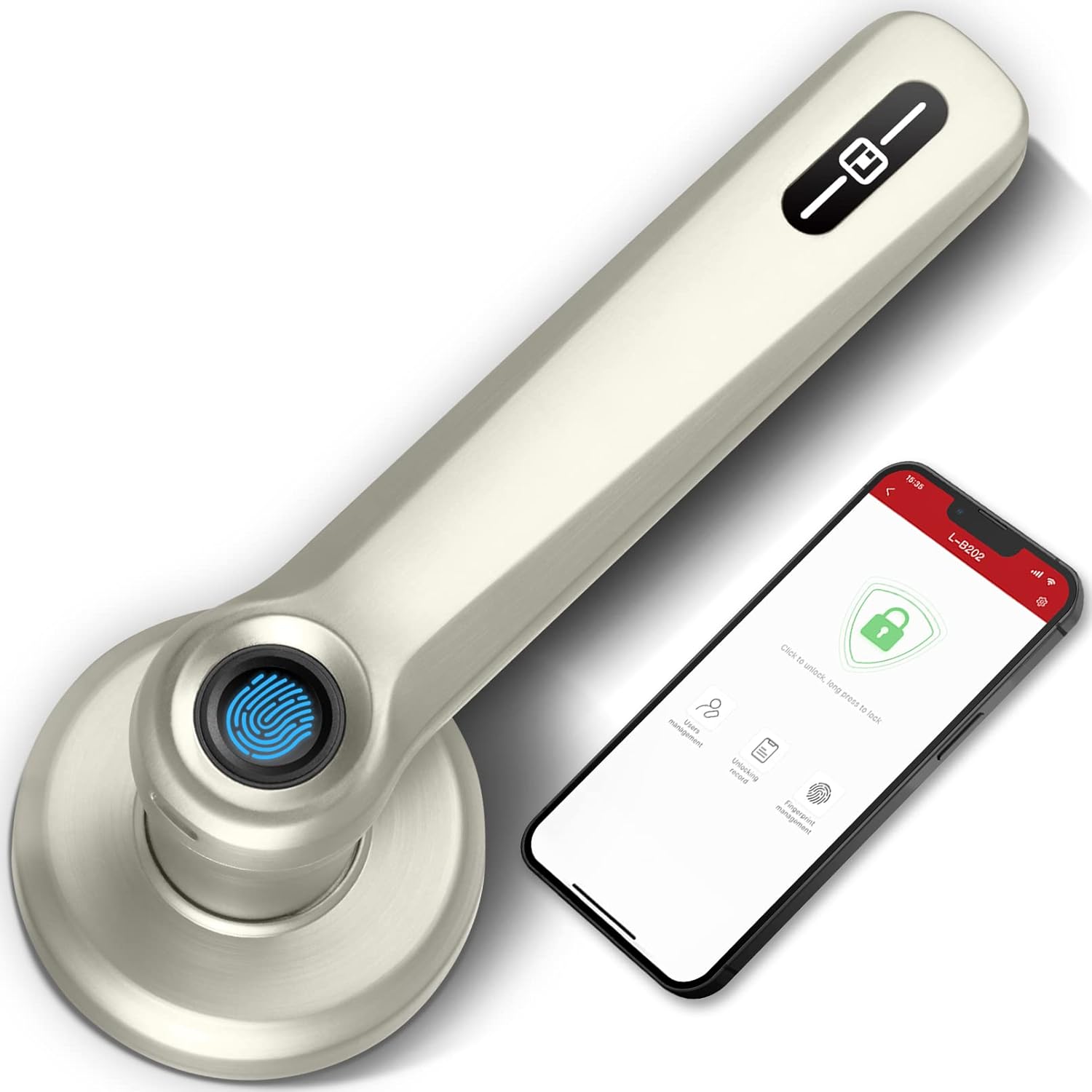 Geek Smart Door Lock with App, Fingerprint Door Lock Handle, Smart Door Knob Door Levers, Biometric Door Lock, Keyless Entry Door Lock with Handle for Bedroom, Office, Silver