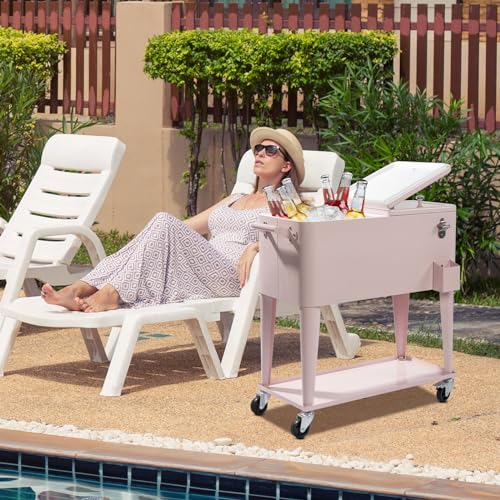 80 Quart Rolling Ice Chest on Wheels, Portable Drink Cooler Cart with Shelf G157