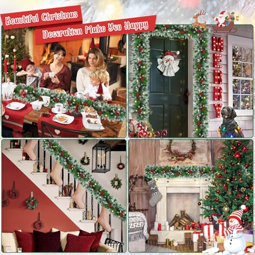 Flocked Pre-Lit Christmas Garland with 30 LED Lights, Red Berries and Pine Cones E701722