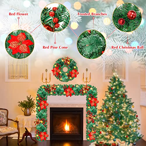 Pre-lit Christmas Garland with LED Lights, Red Flowers and Berries Y488109