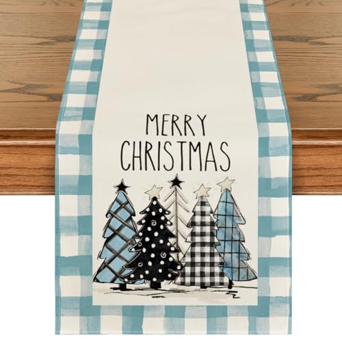 Buffalo Plaid Christmas Trees Table Runner, Winter Holiday Kitchen Dining Decor, 13 x 108 Inch D48516