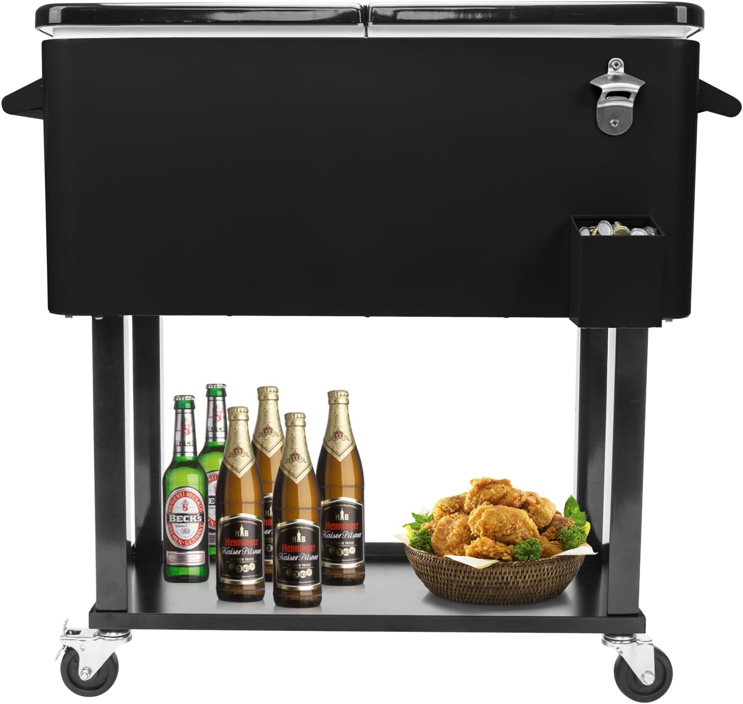 80 Quart Rolling Ice Chest Cooler Cart with Shelf and Bottle Opener L58934