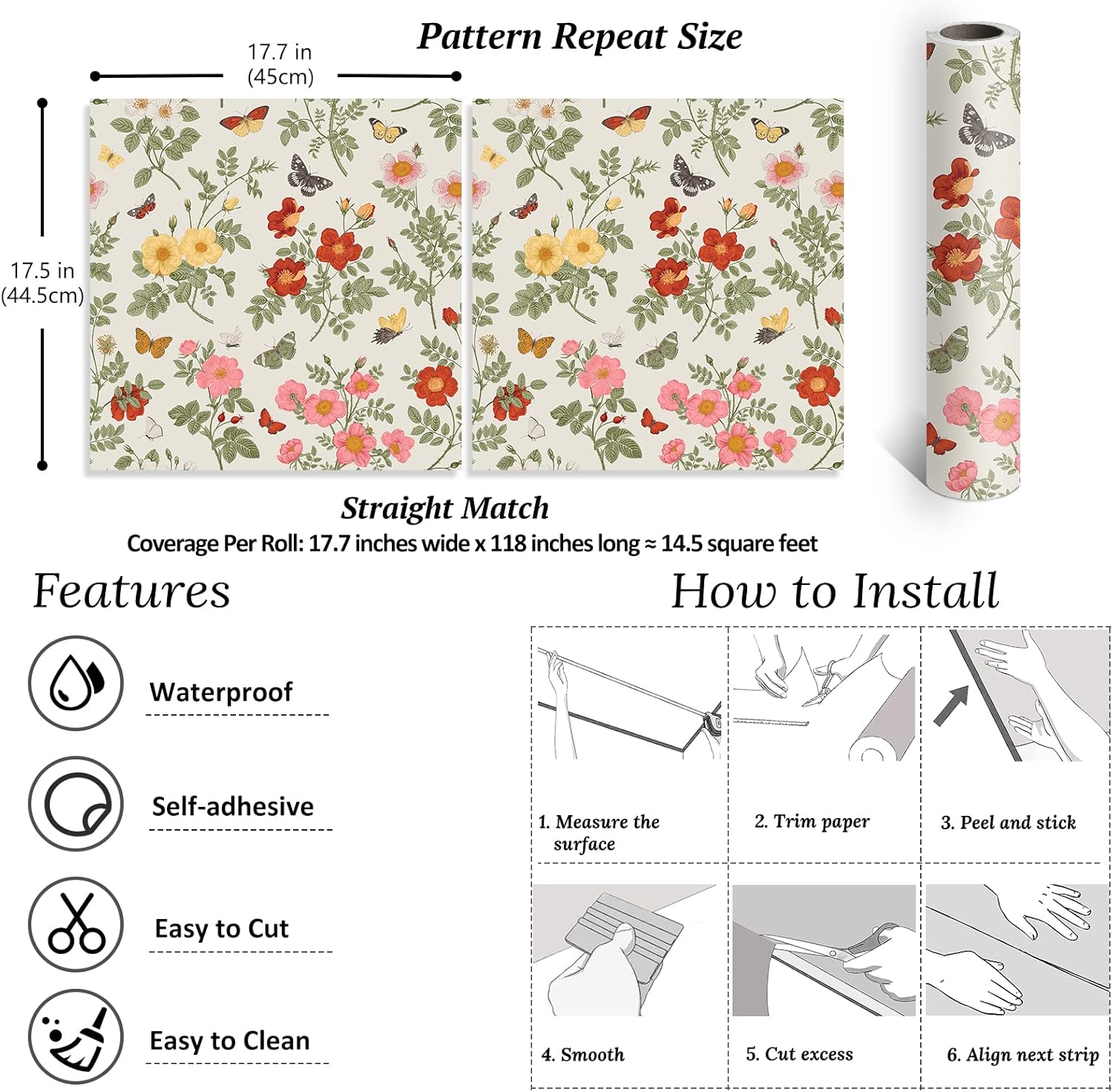 Butterflies Floral Wallpaper Peel and Stick Mural Removable for Bedroom Bathroom S65851
