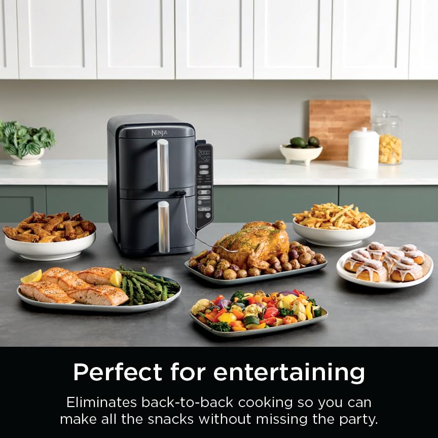 Air Fryer, 8 QT DoubleStack 2-Basket, Space Saving Design, 6-in-1, Roast & Bake, Dishwasher Safe Parts, Black N43591