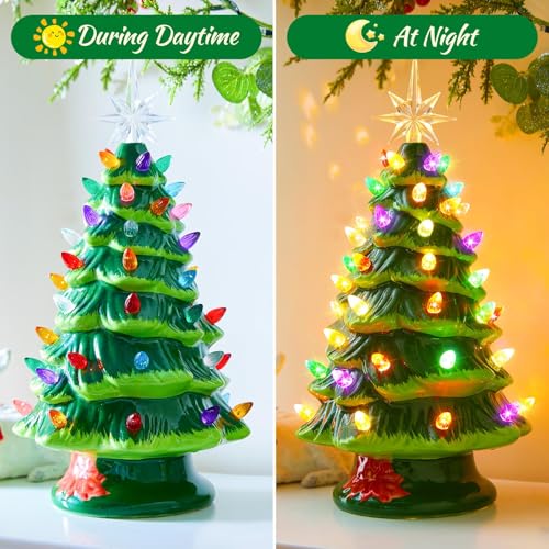 Ceramic Christmas Tree with Multicolored LED Lights, Battery Operated Tabletop Decor C5626