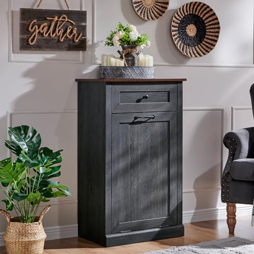 Tilt Out Trash Cabinet with Barn Door, 10 Gallon Garbage Bin and Storage Basket, Dark Grey N60405