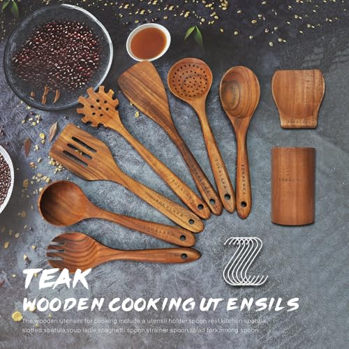 Natural Teak Wooden Spoons for Cooking, 10-Piece Kitchen Utensil Set I607645