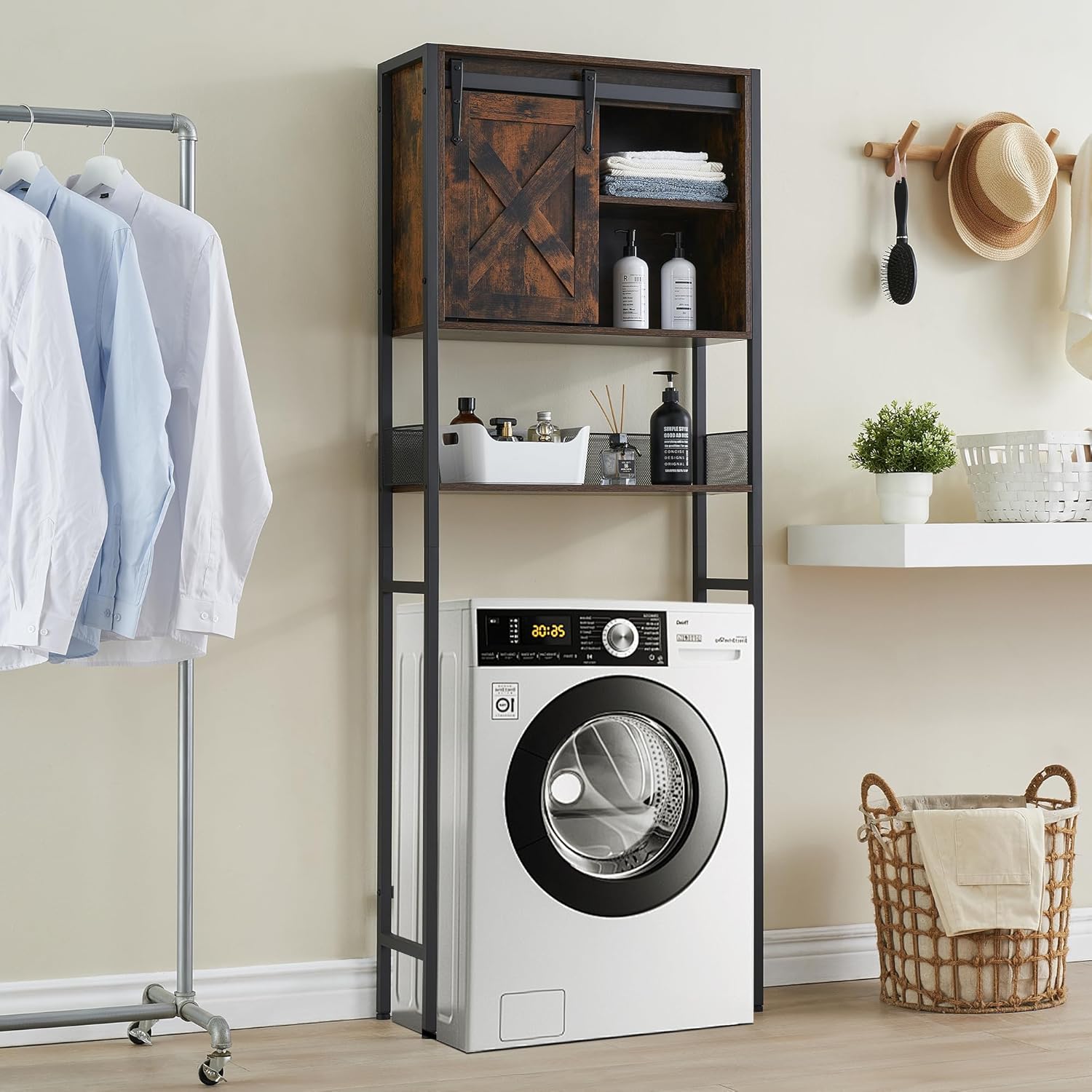 Over the Toilet Storage Cabinet with Sliding Door and Adjustable Shelf, Rustic Brown X683778