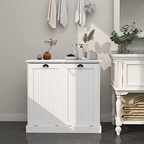 Tilt Out Trash Cabinet Laundry Sorter with Storage (White) U7684